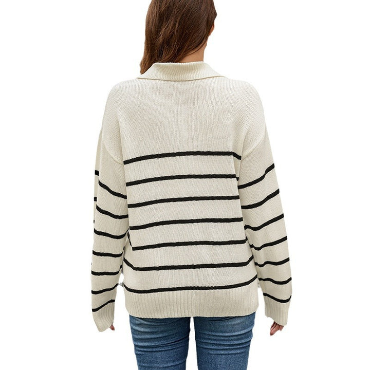 Women's Striped Polo Collar Sweater – Relaxed Fit Knit Pullover