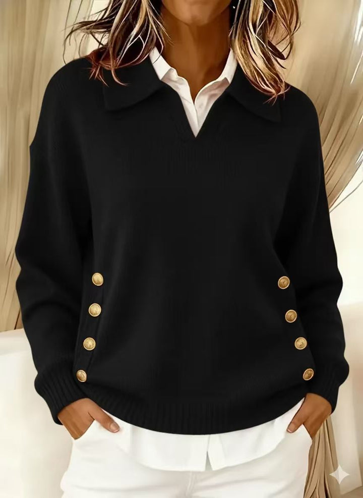 Cotton Pullover Sweater for Women – Turn-Down Collar, Button Trim