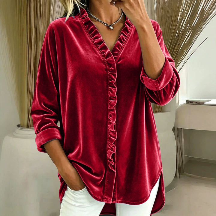 Women's Ruffled V-Neck Long Sleeve Top – Fluid Draped Silhouette