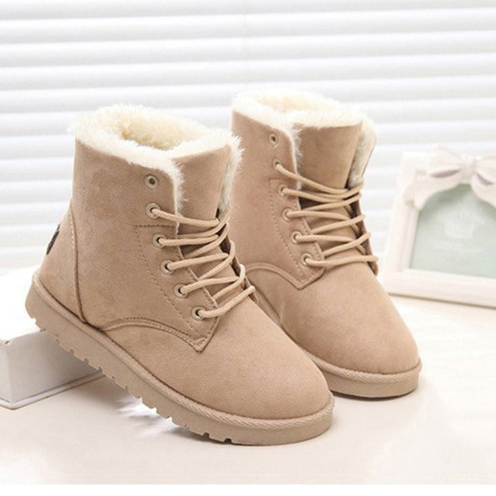 Women's Snow Boot – Textured Cotton Upper, Flat Heel, Lace-Up Bow