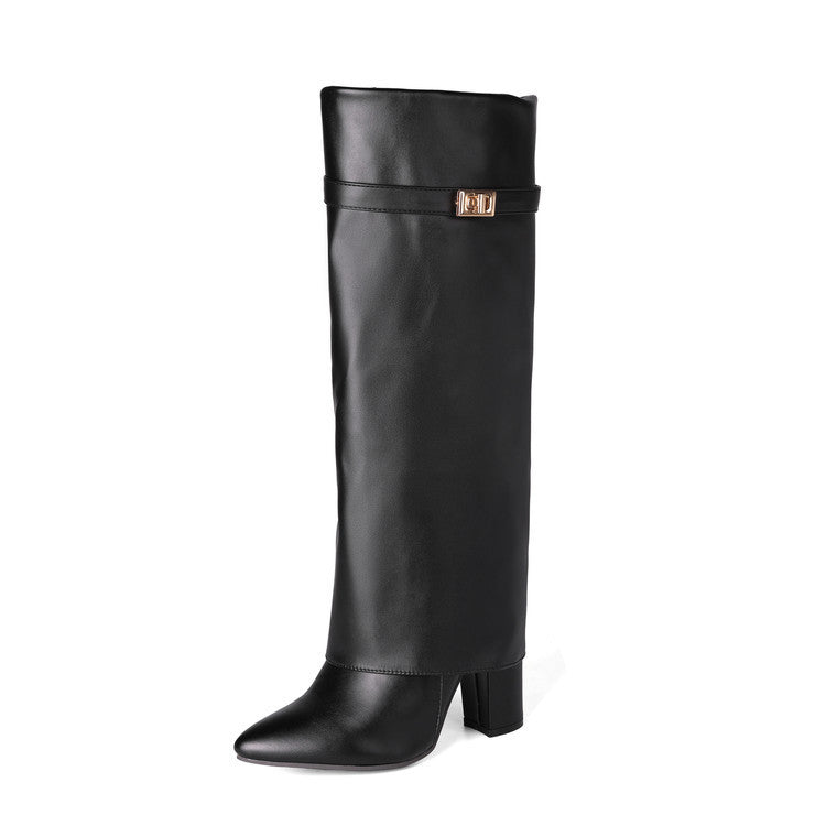 Women's Vegan Leather High Shaft Boot – Pointed Toe, Metal Buckle