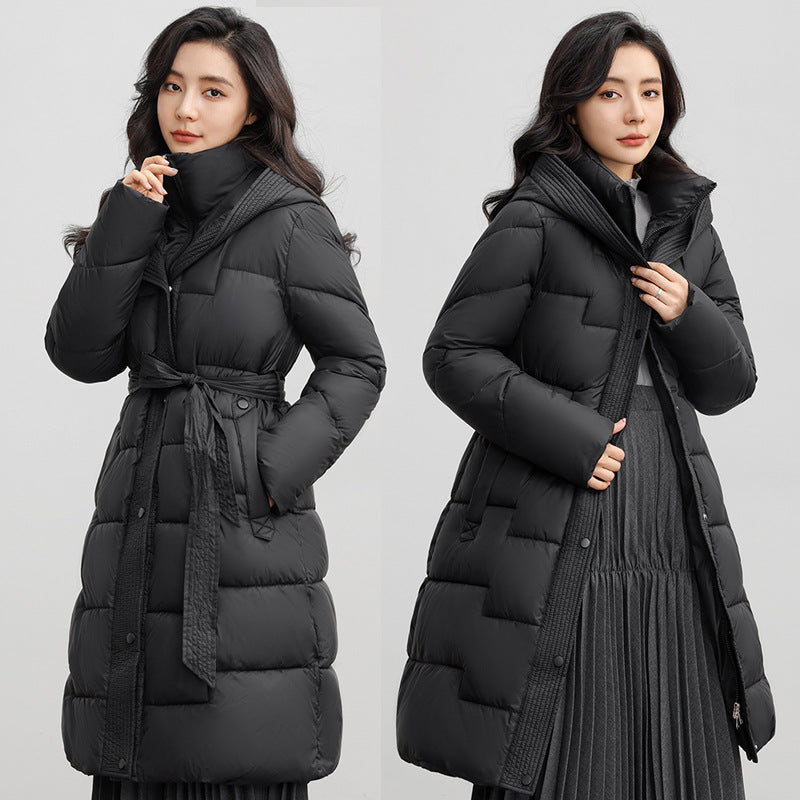 Women's Hooded Down Cotton Coat with Adjustable Waist