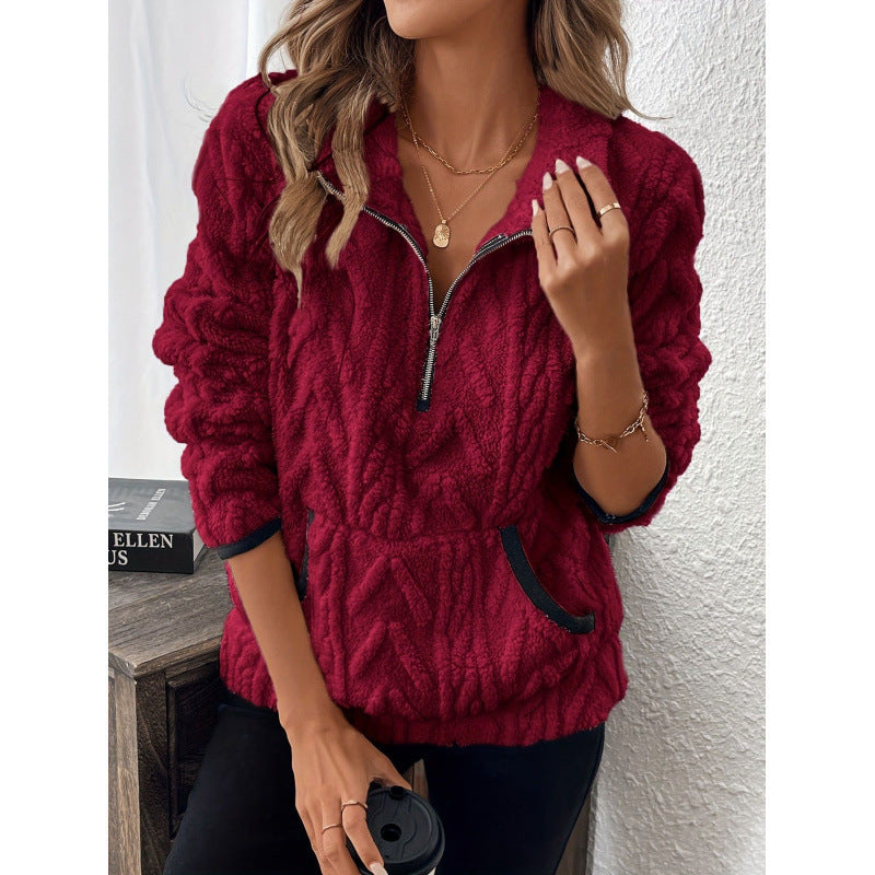 Women's Plush Sweater – Contrast Collar Half-Zip Design