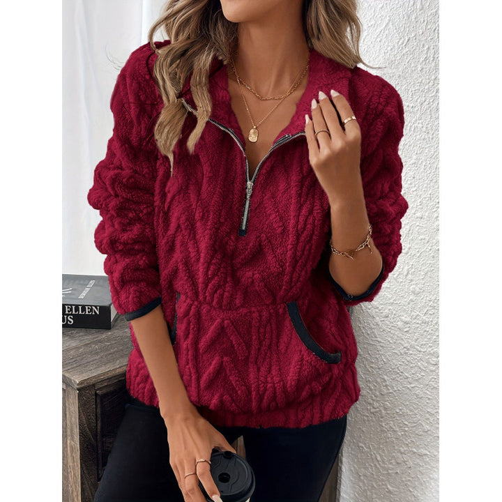 Women's Plush Sweater – Contrast Collar Half-Zip Design