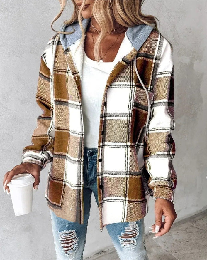Plaid Hooded Jacket for Women – Button Front, Casual Cotton Blend