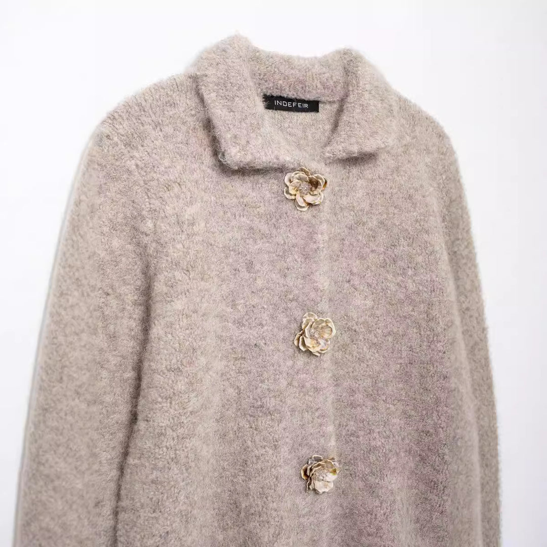 Knitted Coat for Women – Flower Row Buttons & Textured Knit