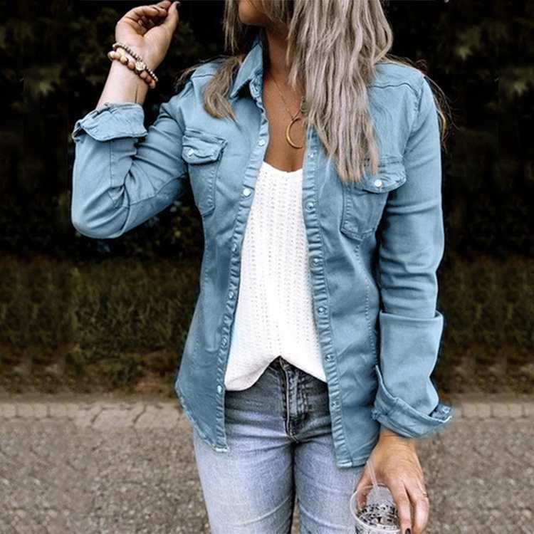 Women's Denim Shirt Jacket – Mid-Length Slim Fit with Ripped Detail