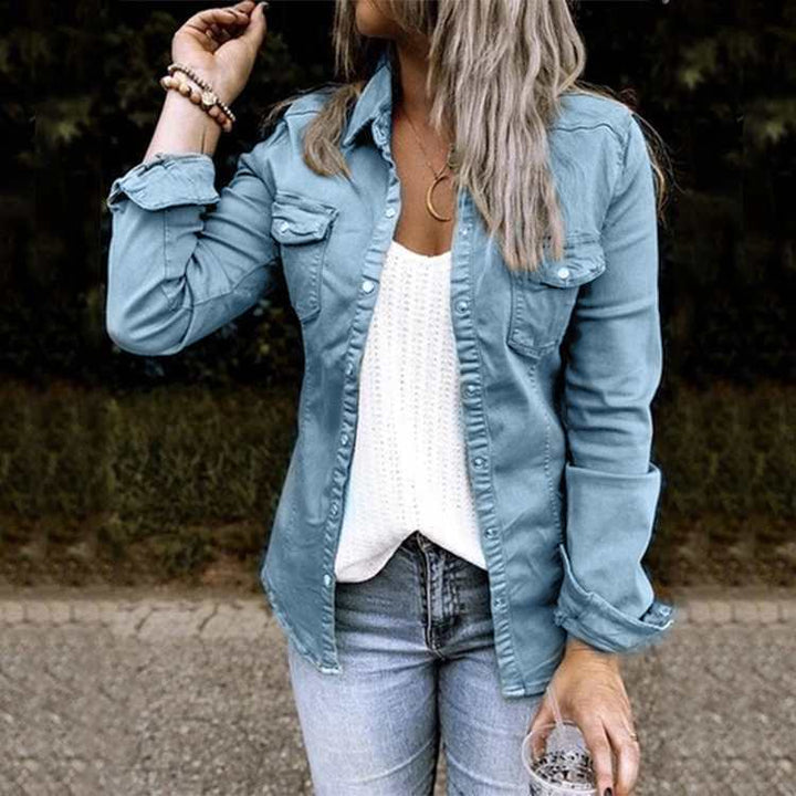 Women's Denim Shirt Jacket – Mid-Length Slim Fit with Ripped Detail