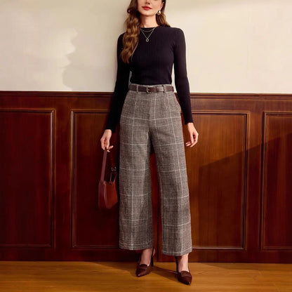 Petite Plaid Wide Leg Trousers – Relaxed Elegant Fit for Women