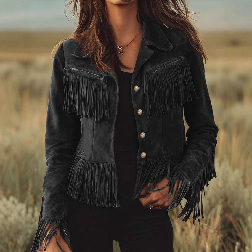 Women's Suede Tassel Cropped Jacket – Notched Lapel, Slim Fit