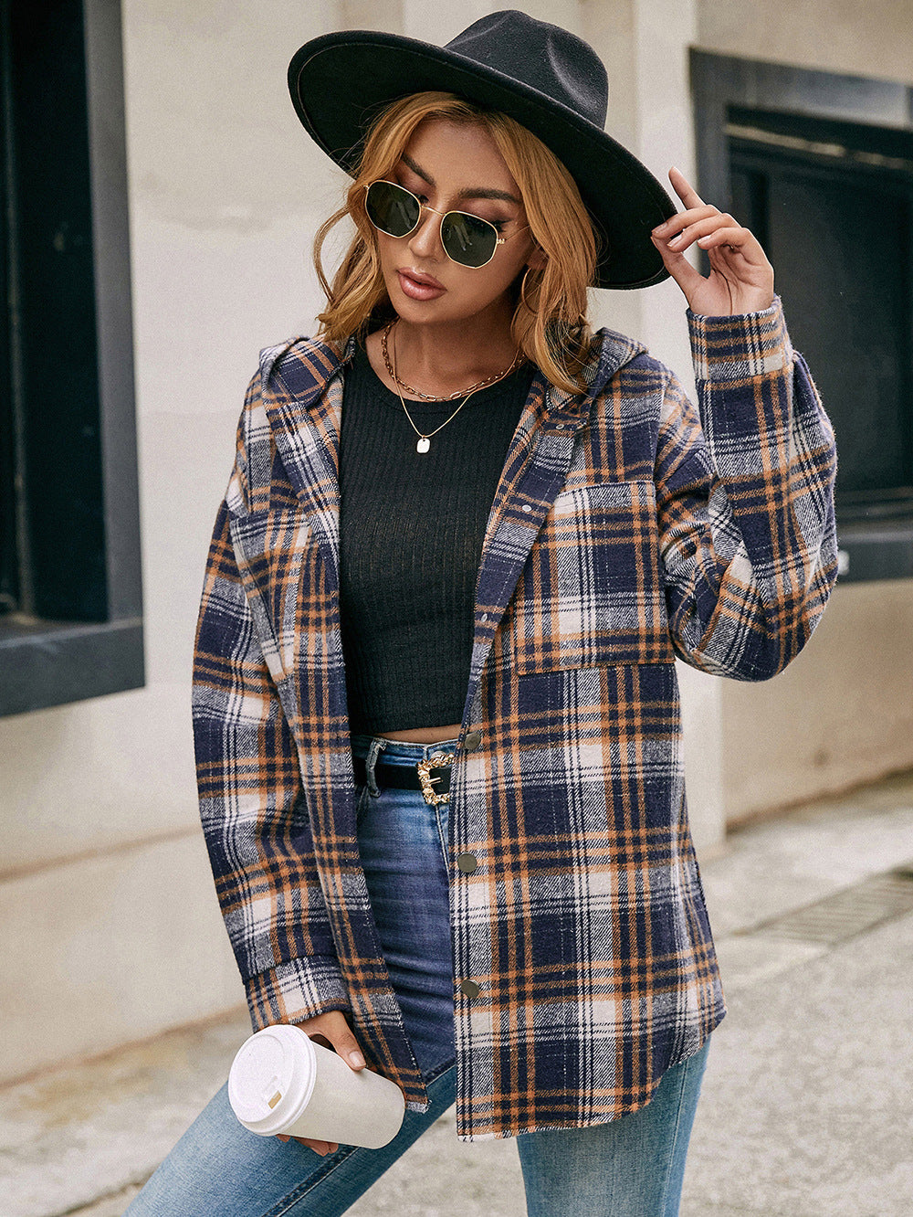 Plaid Hooded Jacket for Women – Lightweight Relaxed Fit Layer