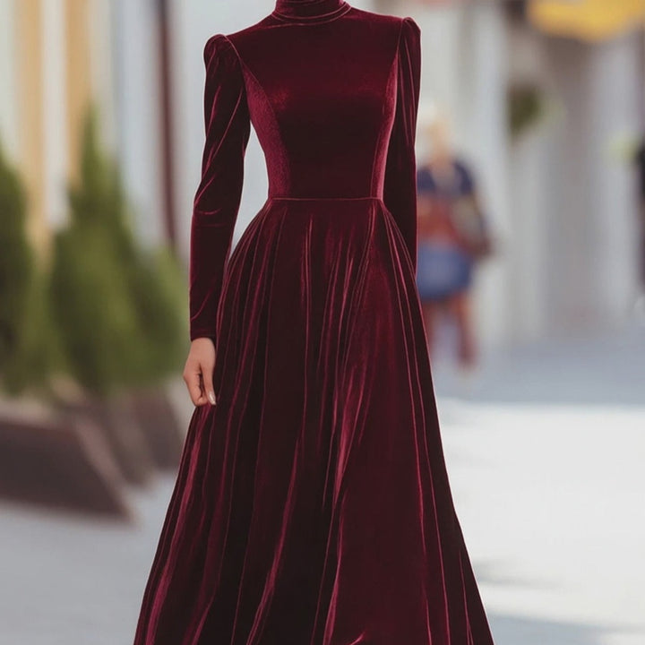 Women's Maxi Dress in Structured Fabric – High Neck & Puffed Sleeves