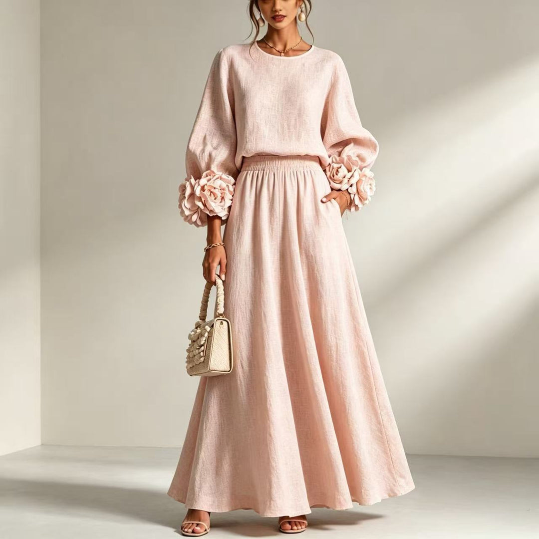 Women's Rose Puff-Sleeve A-Line Skirt Set – Dimensional Floral Detail