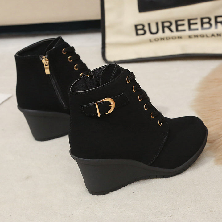 Women's Wedge Heel Ankle Boot with Buckle & Side Zip – Suede Look