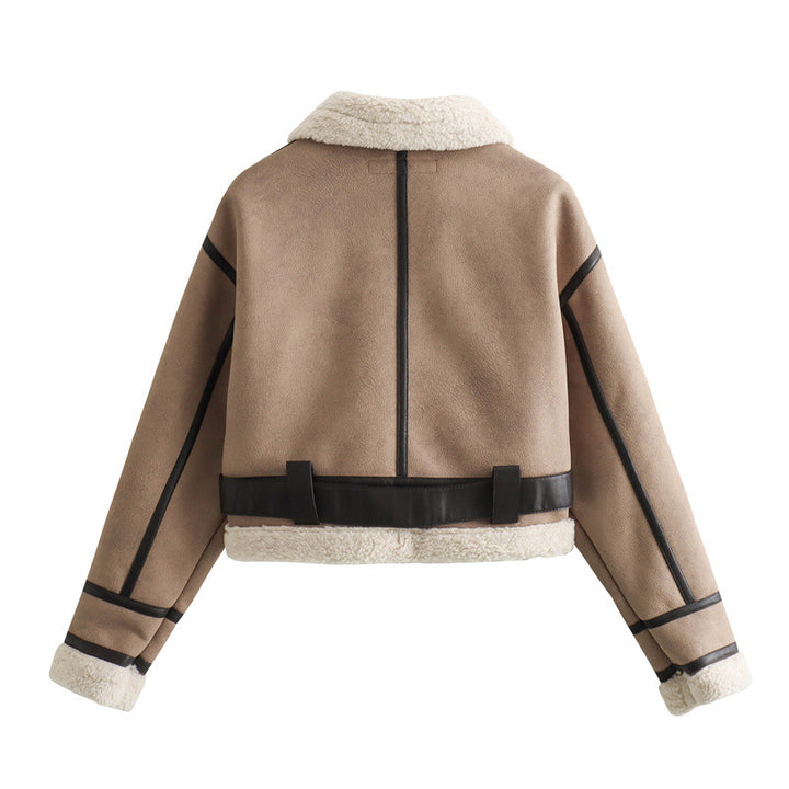 Women's Vegan Leather Coat with Lambswool Trim – Relaxed Zip Jacket