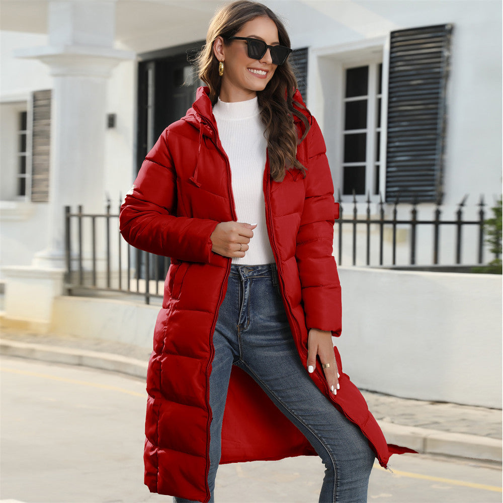 Women's Padded Mid-Length Slim Fit Coat – Hooded with Pocket Detail