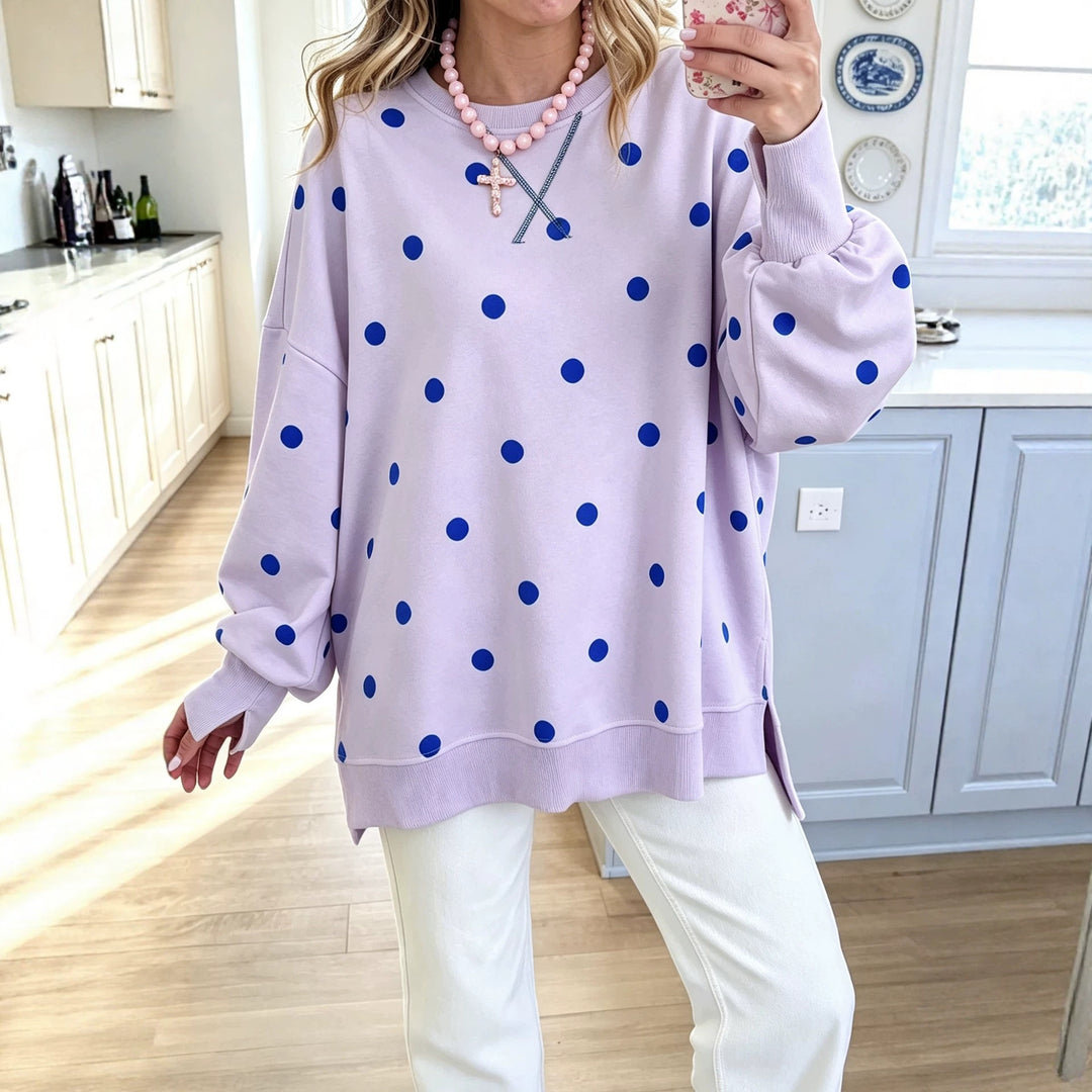 Women's Polka Dot Pullover Sweatshirt – Relaxed Fit, Ribbon Tie Detail