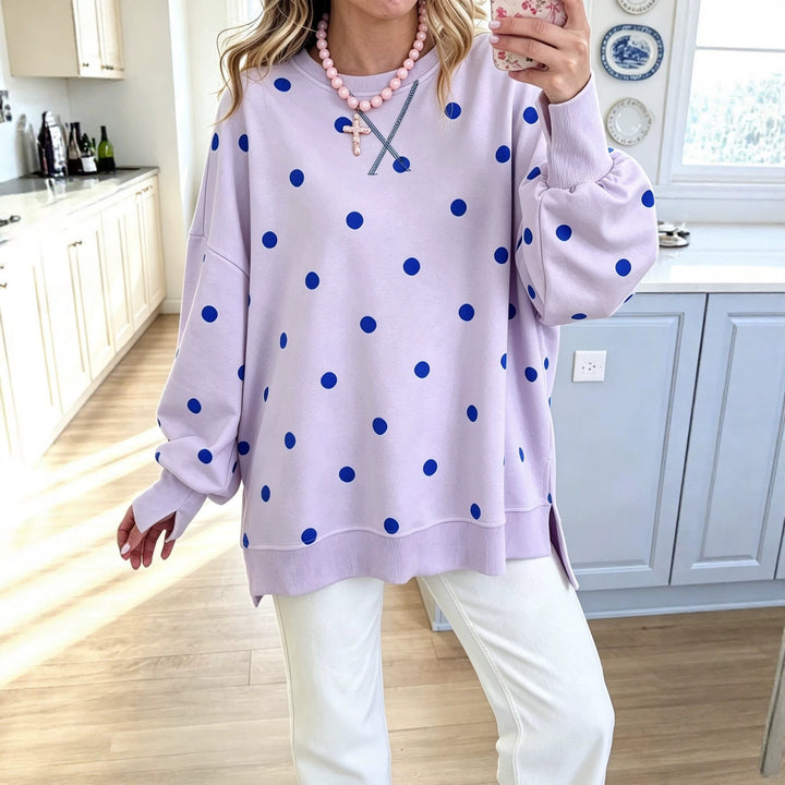Women's Polka Dot Pullover Sweatshirt – Relaxed Fit, Ribbon Tie Detail