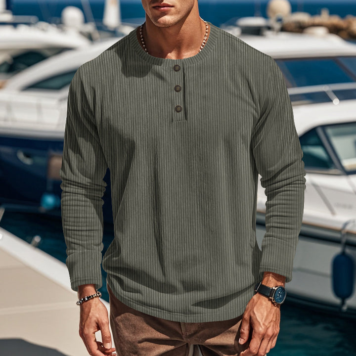 Corduroy Shirt for Men – Slim-Fit Pullover, Four-Button Long Sleeve