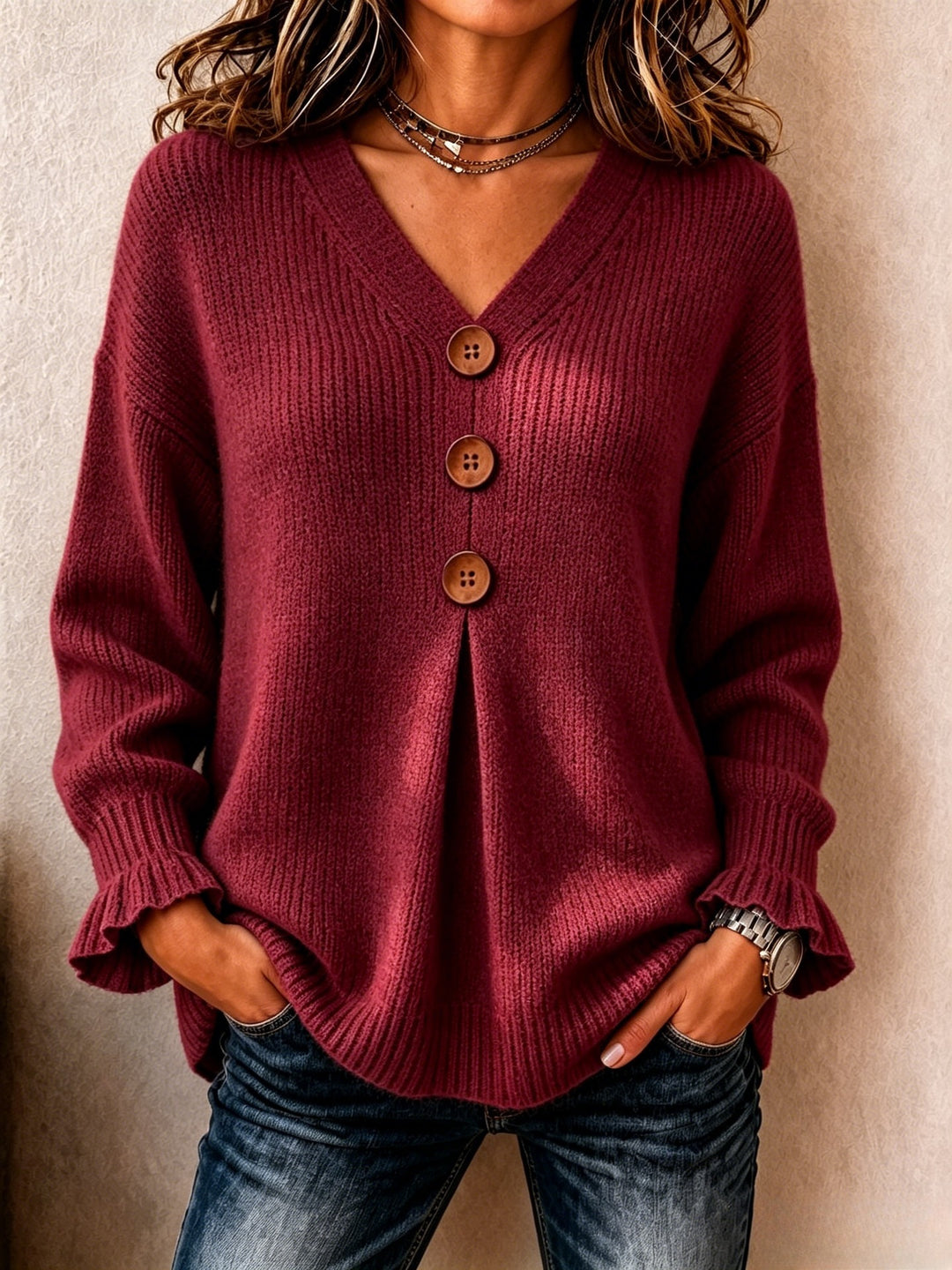 Women's Lace-Trim A-Line Sweater – Ruffle Long Sleeve Knit