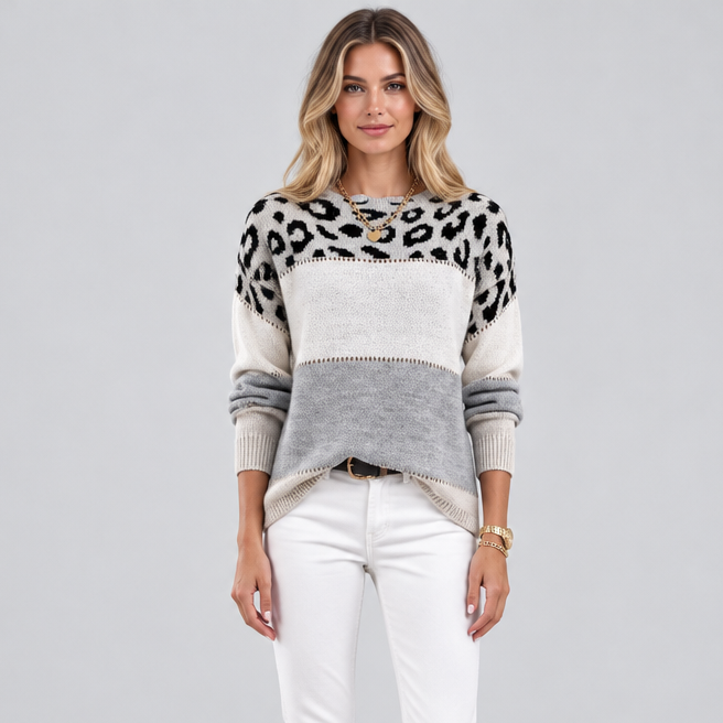 Leopard Print Sweater for Women – Lightweight Knit Color Block Top