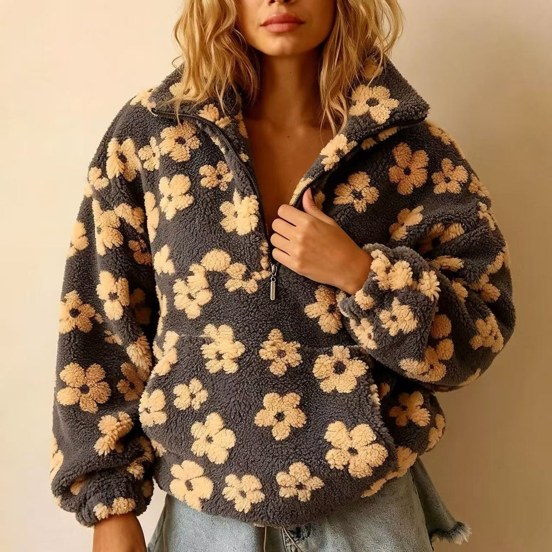 Women's Fleece Hoodie – Thick Floral Loose Fit with Pockets