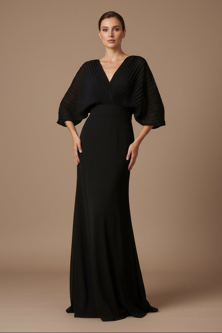 A-Line Maxi Dress in Easy-Care Fabric – V-Neck, Batwing Sleeve