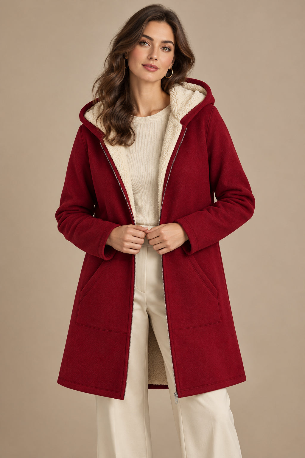 Women's Fleece Lined Mid Length Hooded Coat – Plush Layered Warmth