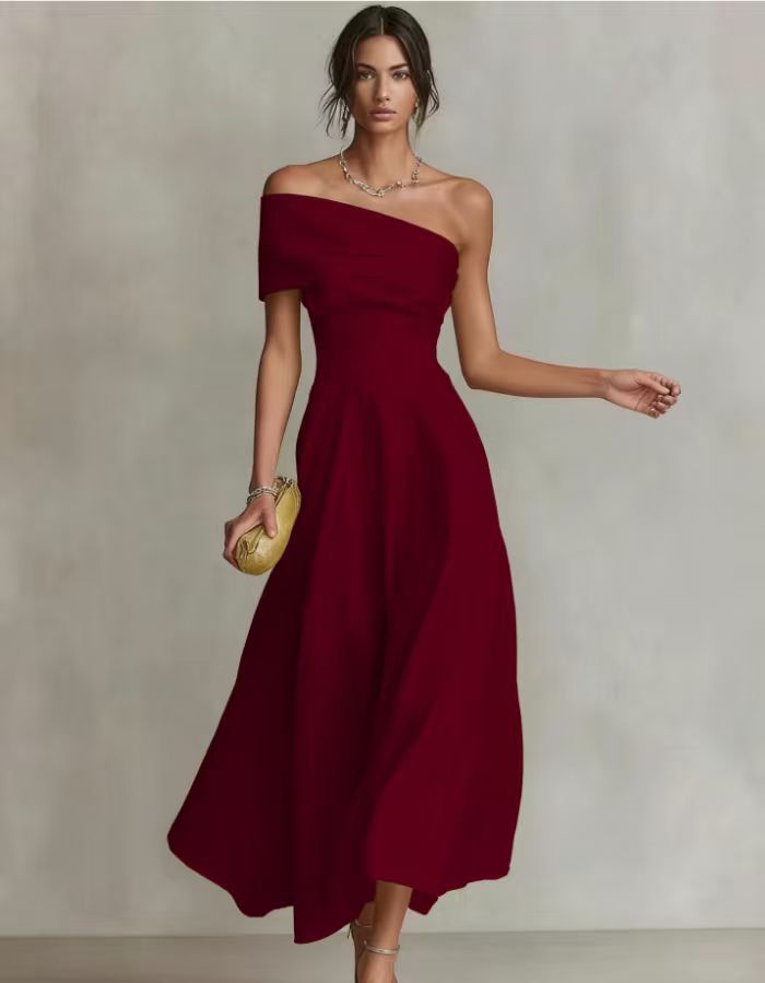 Women's Off-Shoulder Backless Maxi Dress – Waist-Cinching Silhouette