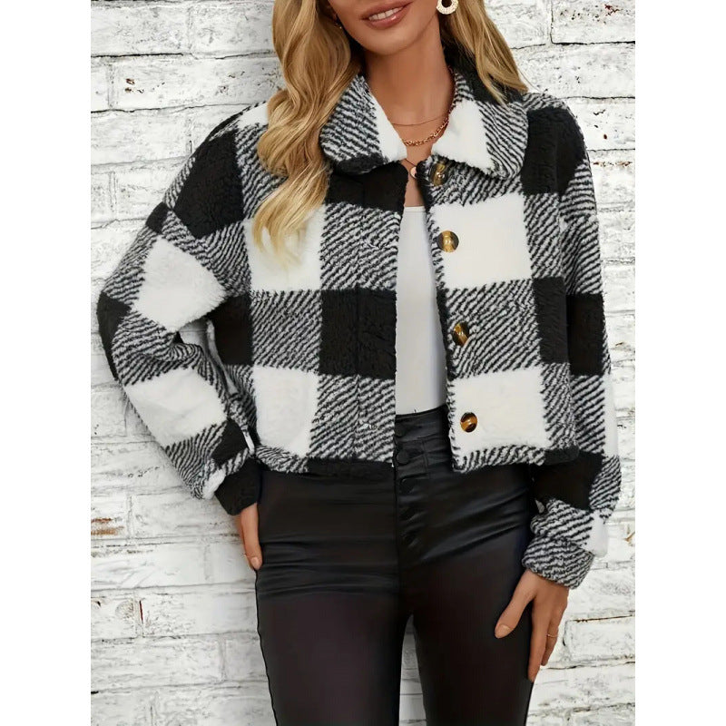 Women's Plaid Plush Cardigan Coat – Button Front, Thick Cozy Layer