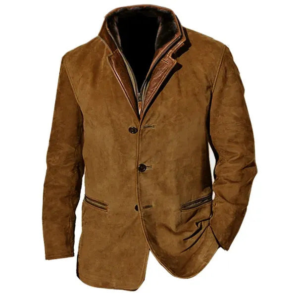 Men's Patchwork Jacket – Retro Style with Contrast Collar & Patch Pockets
