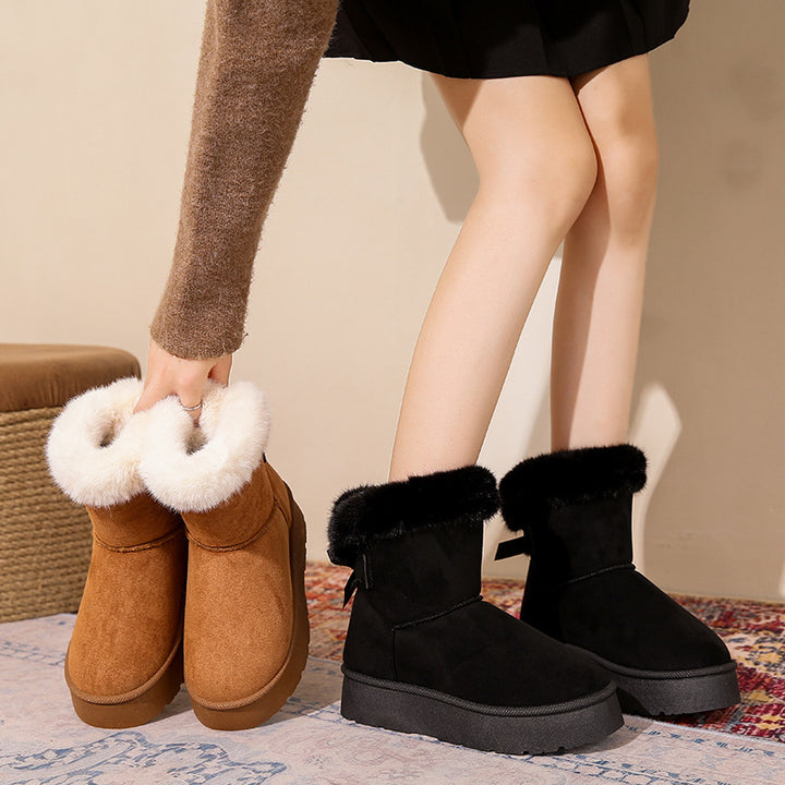 Women's Snow Boots – Platform Fleece Lined High Top, Bow Accent