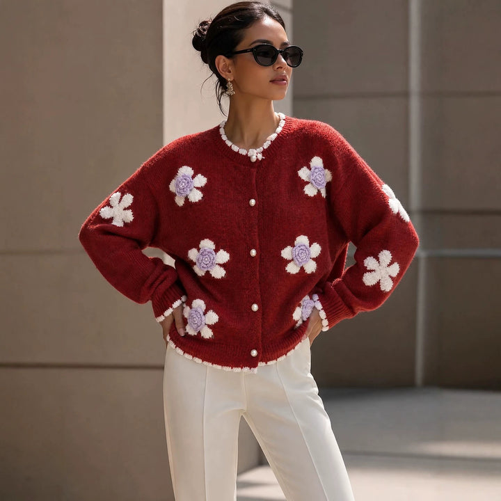 Women's Knit Cardigan – 3D Floral Appliqué and Scalloped Detailing