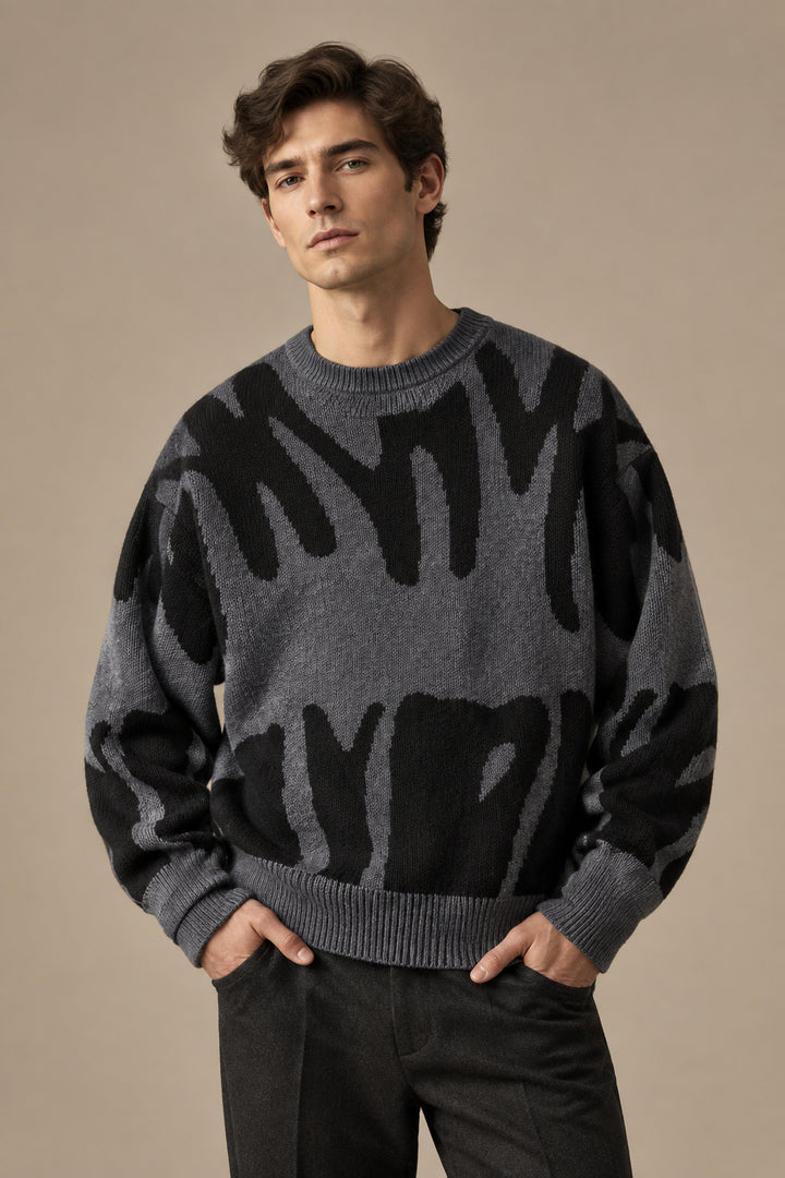 Men's Knit Sweater – Minimalist Print, Loose Casual Pullover