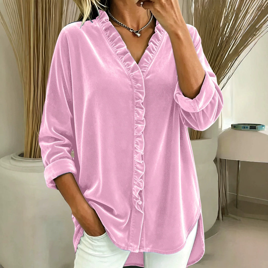 Women's Ruffled V-Neck Long Sleeve Top – Fluid Draped Silhouette