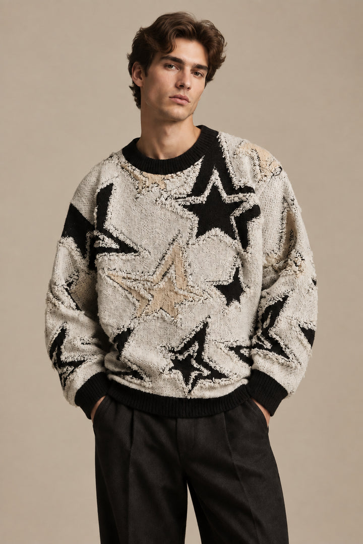 Men's Star Jacquard Knit Sweater – Relaxed Fit Pullover by