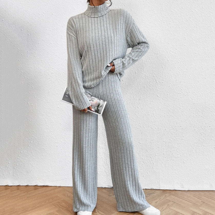Women's Knit Two Piece Set – Ribbed Turtleneck Top & Trouser