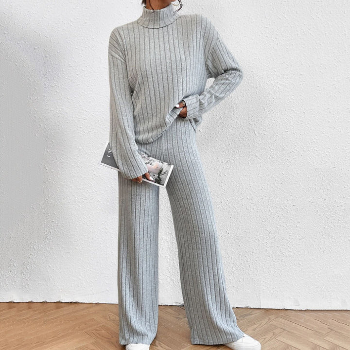Women's Knit Two Piece Set – Ribbed Turtleneck Top & Trouser