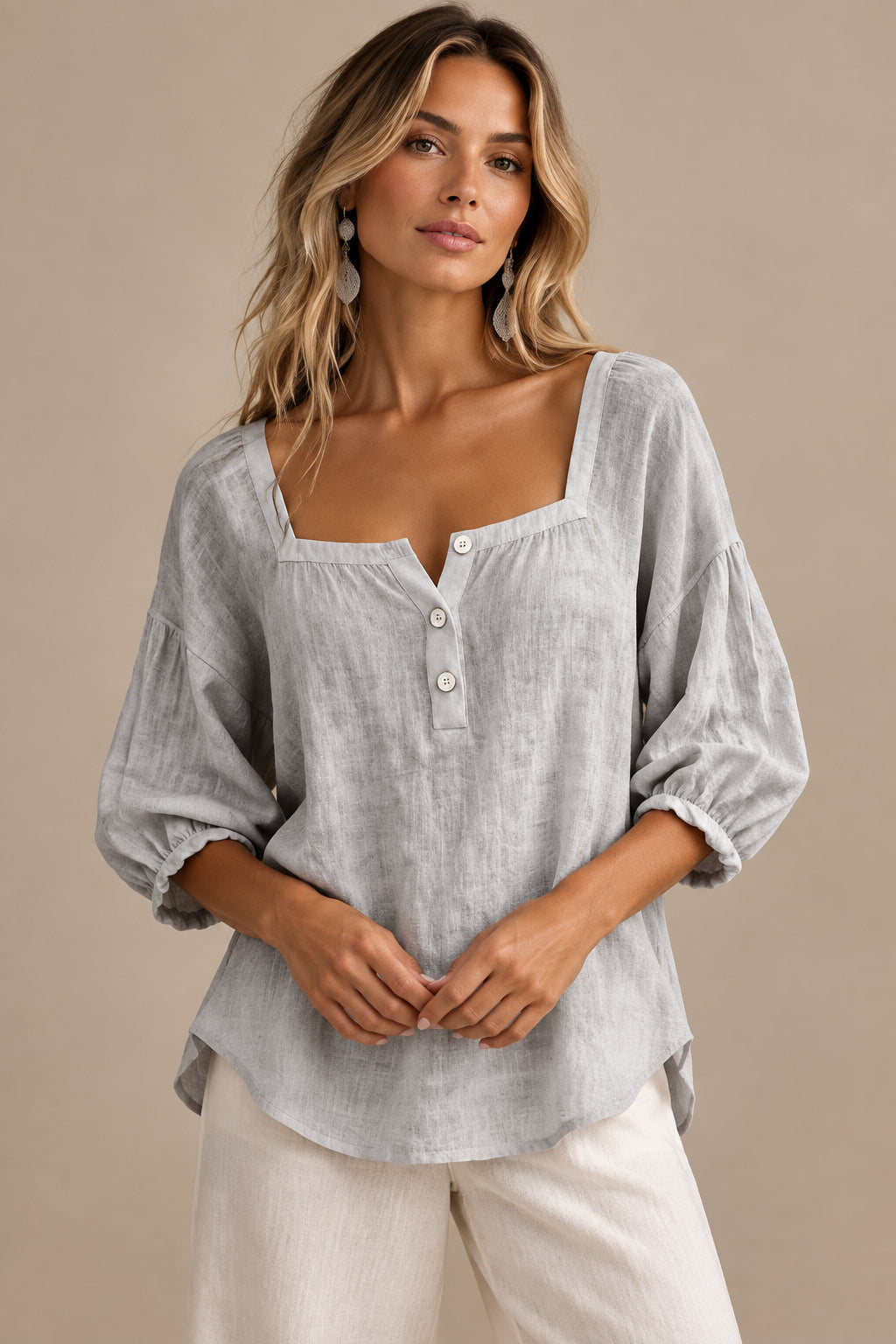 Women's Ramie Cotton Long Sleeve T-Shirt – Loose Fit, Buttons