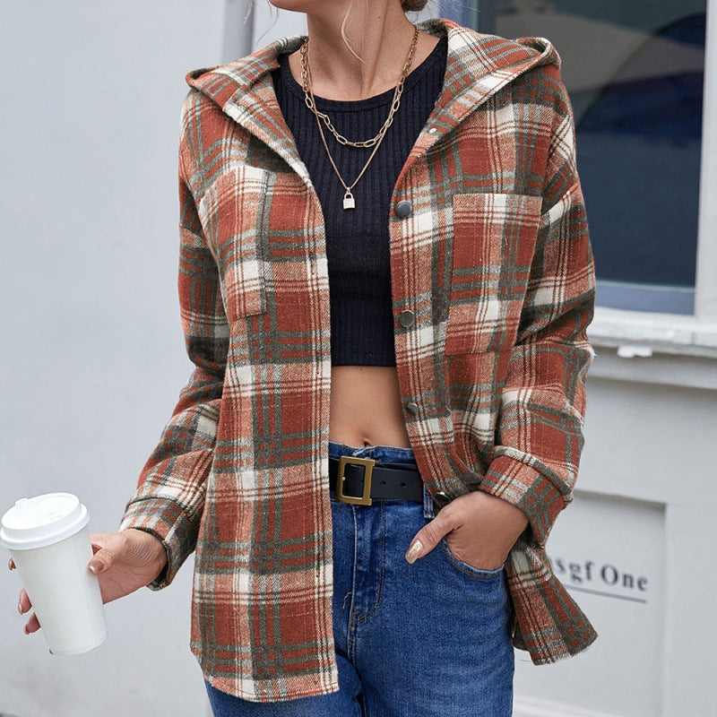 Plaid Hooded Jacket for Women – Lightweight Relaxed Fit Layer