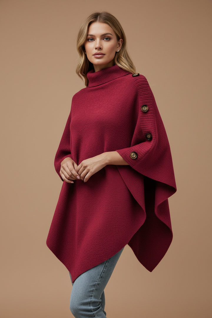 Women's Turtleneck Cape Sweater – Knit Cloak with Button Detail