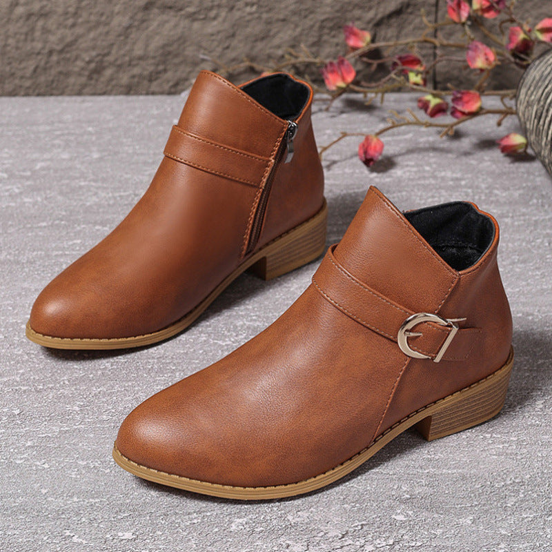 Women's Block Heel Ankle Boot – Buckle Strap Cotton Lined Leather