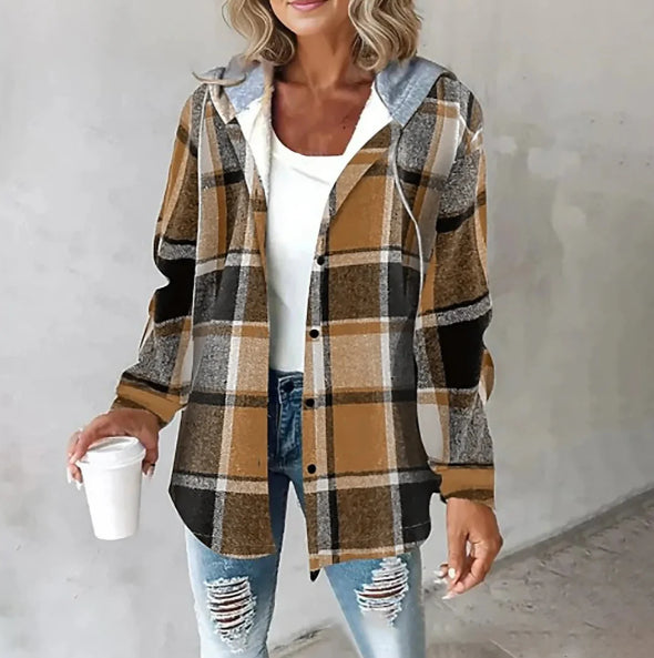 Plaid Hooded Jacket for Women – Button Front, Casual Cotton Blend
