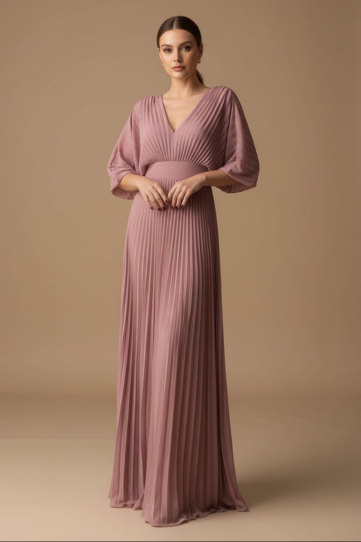 A-Line Maxi Dress in Easy-Care Fabric – V-Neck, Batwing Sleeve