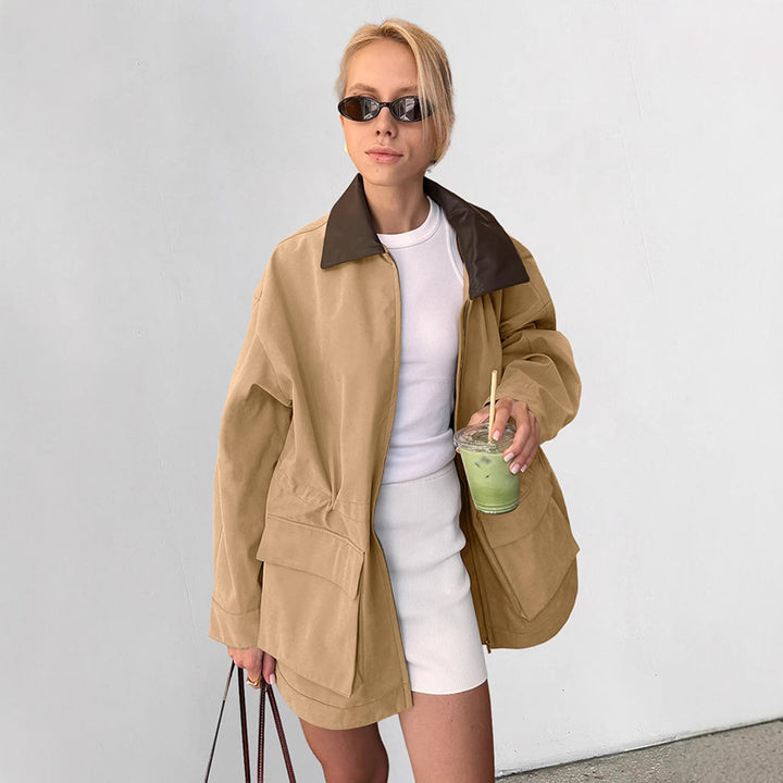 Women's Trench Coat – Cotton Retro Color-Block, Mid-Length