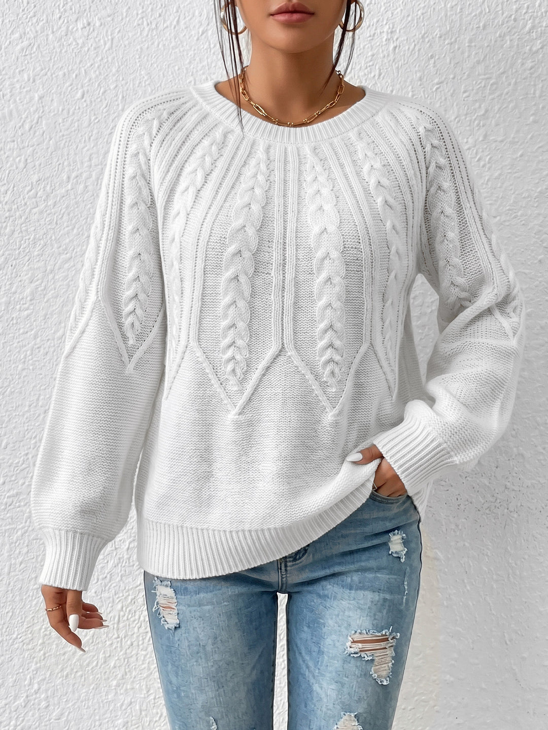 Women's Cable-Knit Sweater – Soft Cotton Yarn, Long Sleeve