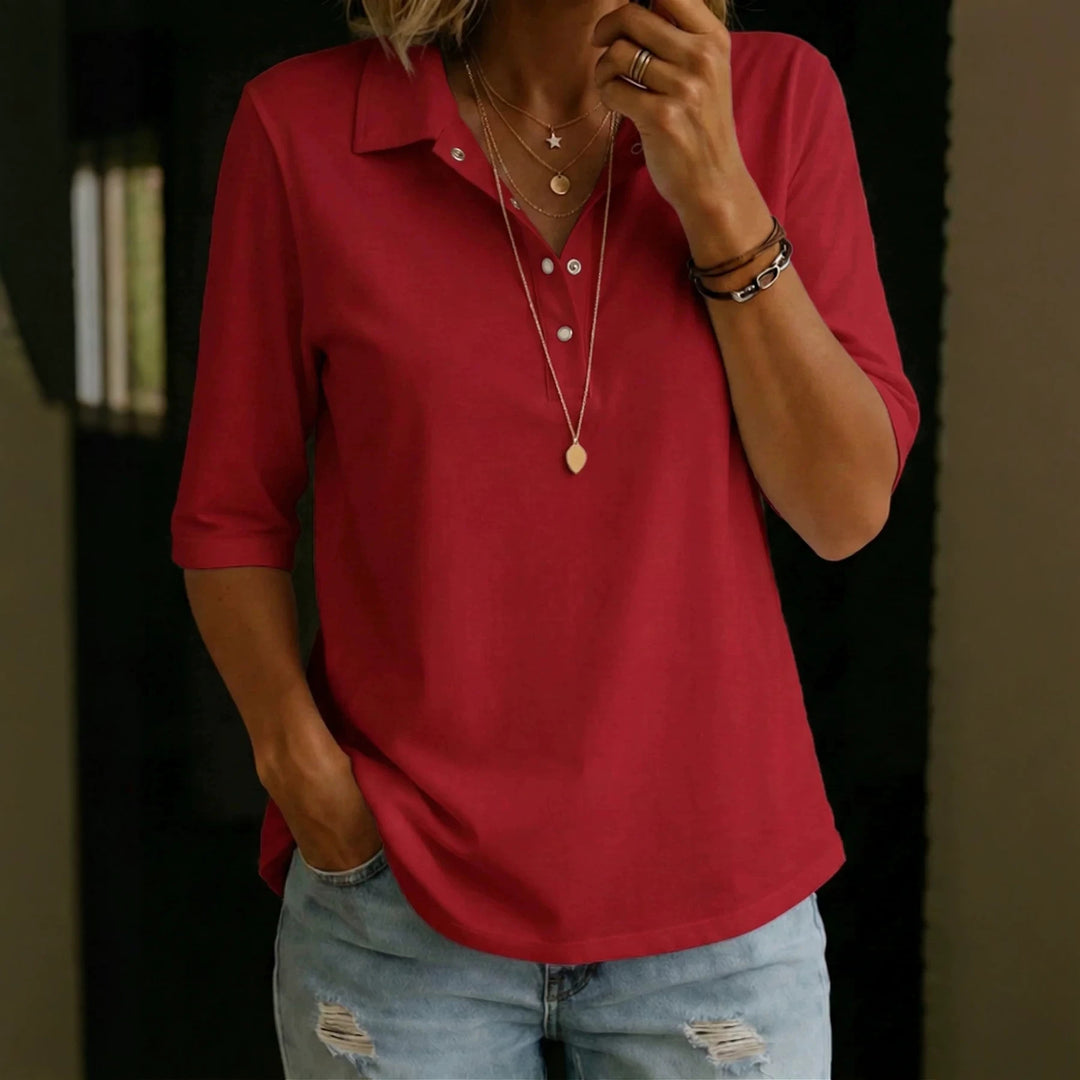 Three-Quarter Sleeve Cotton Blouse for Women – Relaxed Lapel Placket