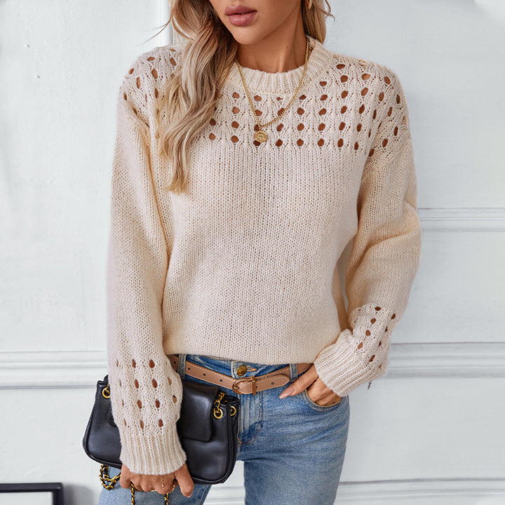 Women's Soft Knit Pullover Sweater – Relaxed Fit with Openwork Shoulders