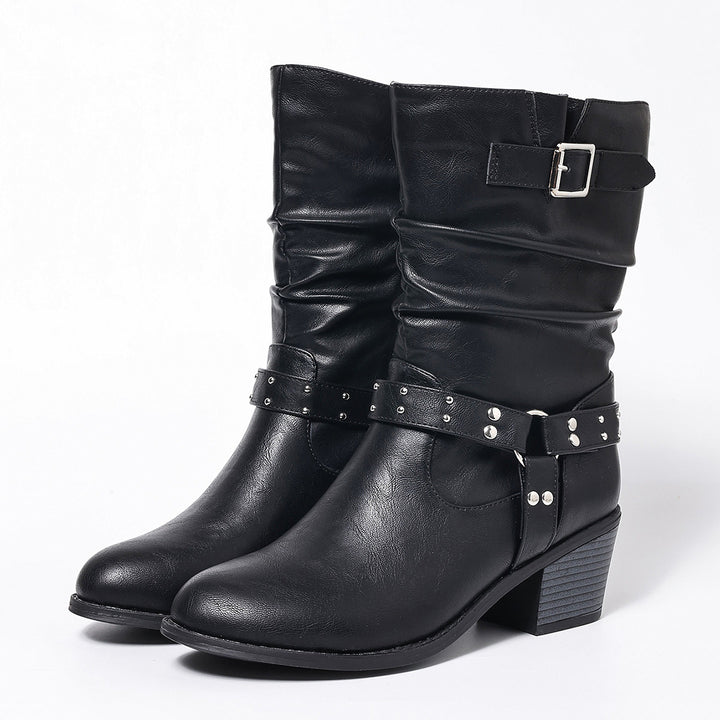 Leather Women's Boot with Pleated Belt, Rivet Detail, Chunky Heel