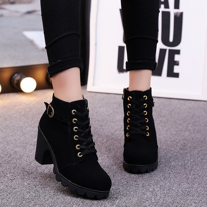 Vegan Leather Ankle Boot – Women's Cross-Strap Suede, Rugged Sole